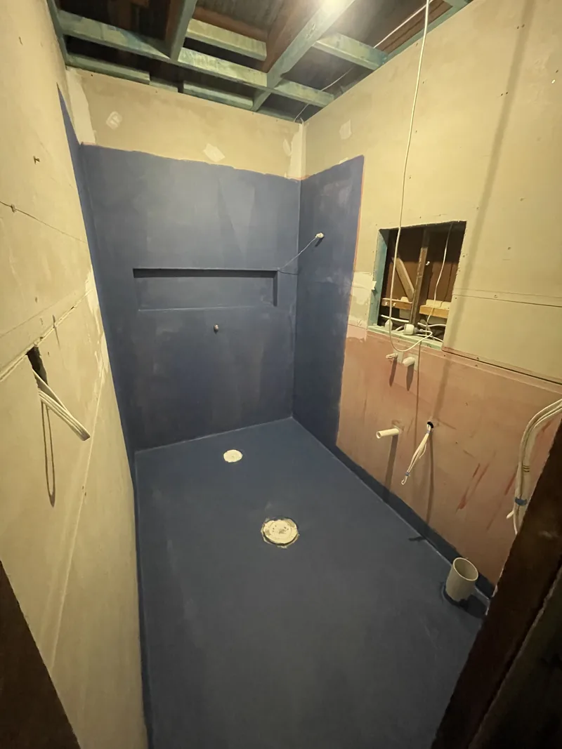 Before: the bathroom stripped back to the waterproofing and bare framing at rough-in