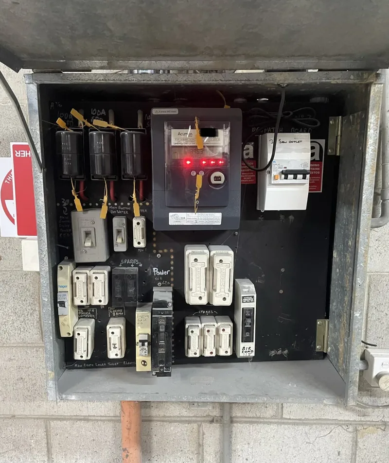 Before: the first switchboard, a metal enclosure of ceramic fuses and mixed older carriers