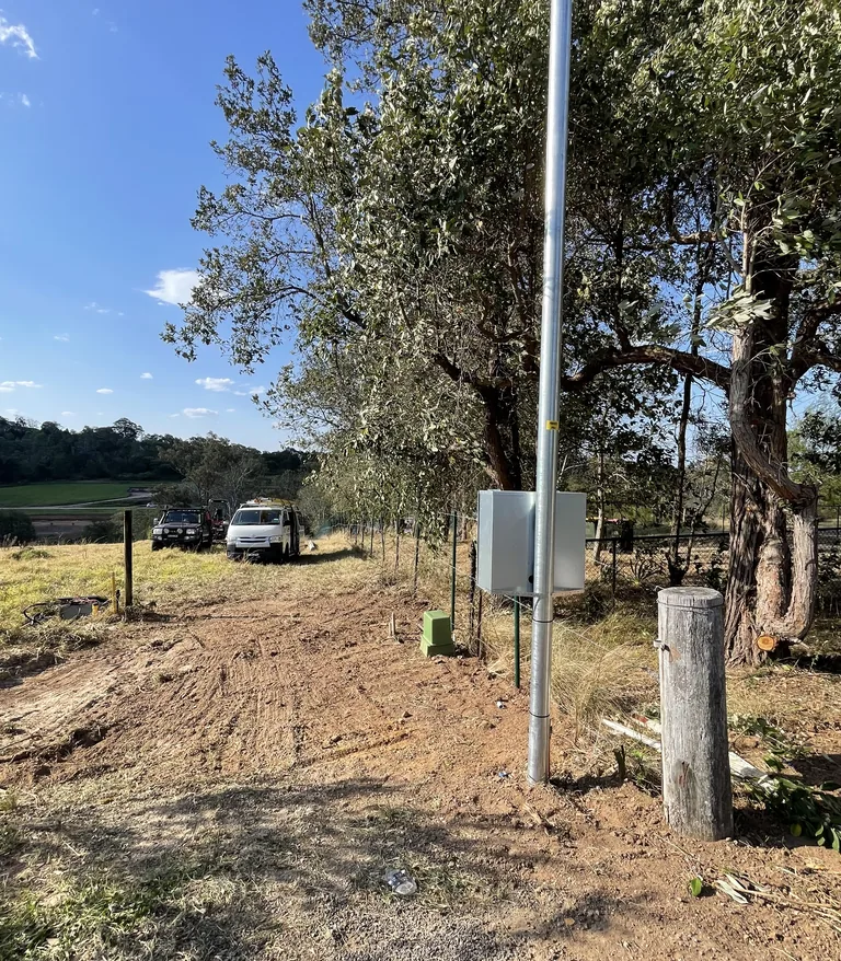 A new galvanised private pole and its meter box on a rural block at Grose Vale
