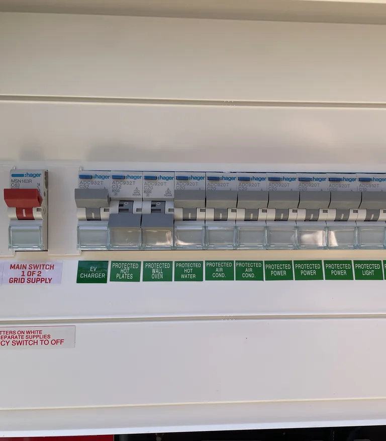 A new switchboard with its main switches and a full row of labelled circuit breakers, including one for an EV charger
