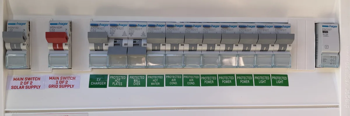 A new switchboard with its main switches and a full row of labelled circuit breakers, including one for an EV charger